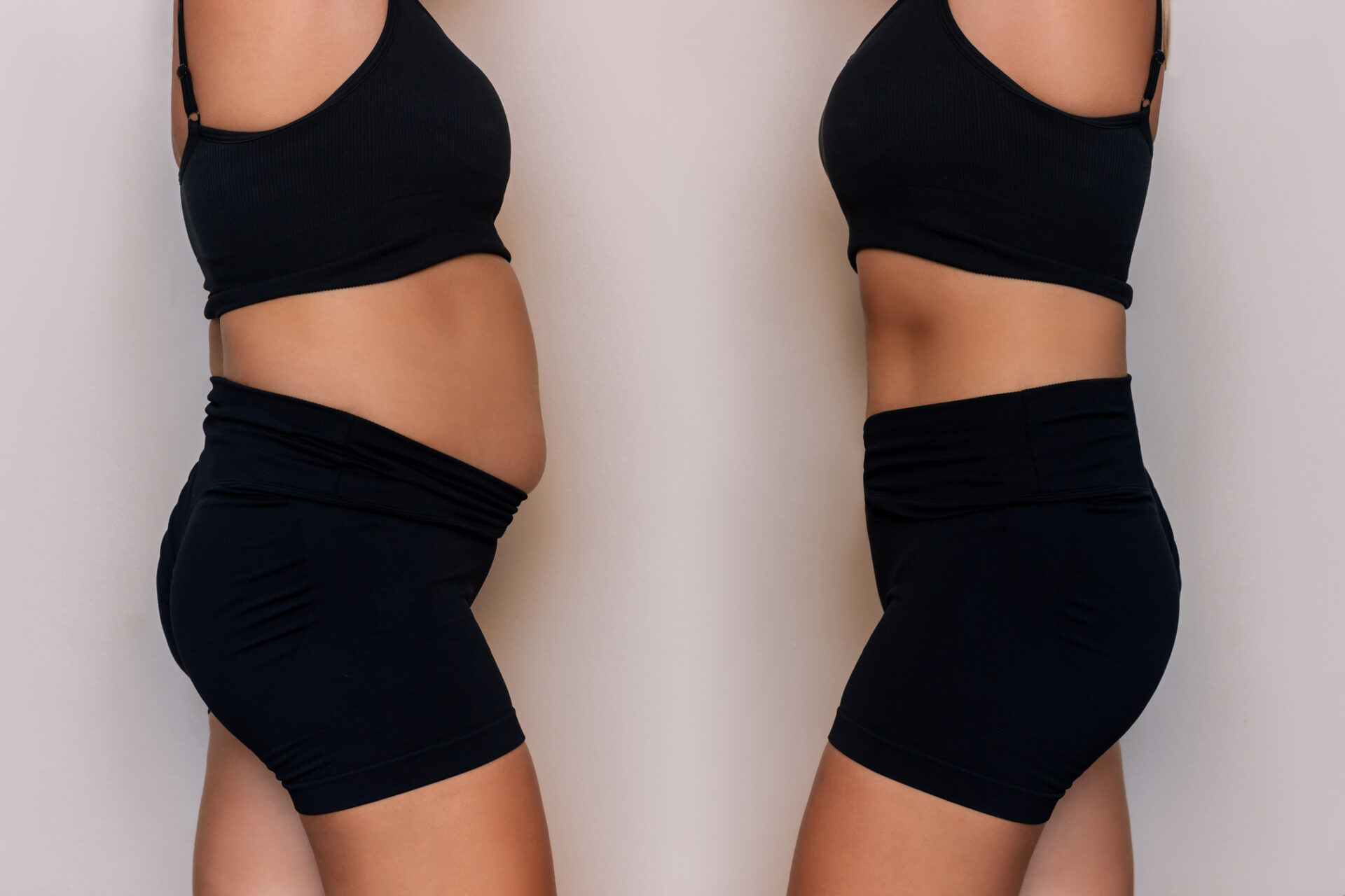 woman in a black sportswear with a fat belly and toned slim abdomen before and after losing weight